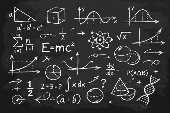 Classic Black Chalkboard Texture with Hand Drawn Mathematical Equations, Physics Formulas, Geometry Shapes, and Scientific Diagrams for Back to School Education and Academic Learning Background