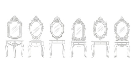 A collection of six ornate vintage style dressing table mirrors with decorative frames and stands © Shakil