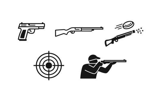 Collection of black line icons for shooting sports and firearm activities, featuring a pistol, rifle, shotgun, target bullseye, and a marksman silhouette aiming a gun for hunting and competition.