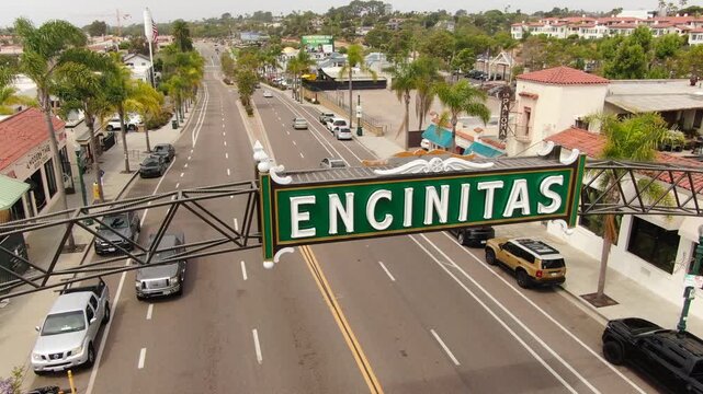 Aerial View of the Iconic Encinitas Sign Over Coast Highway 101 in Downtown Encinitas, California