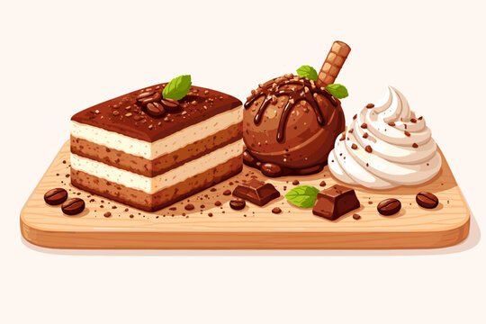Tiramisu Cake Slice with Chocolate Ice Cream Scoop, Whipped Cream, Coffee Beans, and Mint Leaves on a Wooden Board. Simple Flat Vector Illustration for Dessert Menu, Bakery, and Cafe Branding.