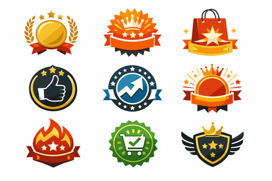 Set of premium quality badges, best seller logos, and award seals with crowns, stars, ribbons, shopping carts, and thumbs up icons. Flat vector illustration for marketing and retail branding.