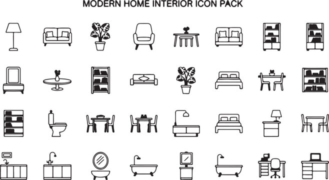 Modern Home Interior Outline Icon Set &ndash; Furniture and Decor Minimal Line Vector Pack