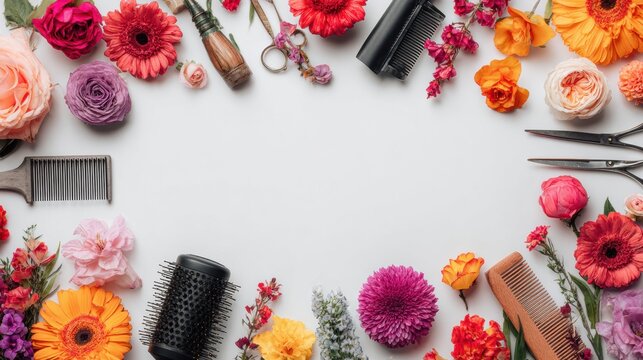 Modern Salon Setup With Tools and Flowers for Social Media Display Showcasing Styling Creativity
