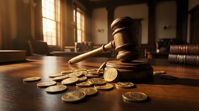 Wooden gavel with scattered golden coins on courtroom desk symbolizing legal fees, financial justice, bankruptcy law, and monetary legal disputes.