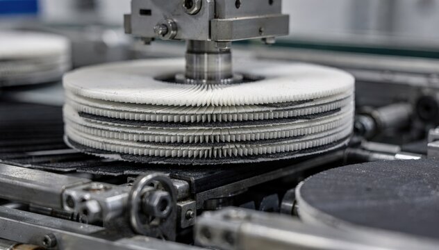 Medium shot of automated machine stacking zirconia abrasive flaps onto backing plates highlighting precision and uniformity in industrial flap disc assembly process.