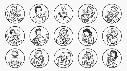 Fototapeta premium Set of retro style line art icons featuring people drinking coffee and relaxing in circular frames