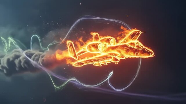 Fiery A-10 Warthog fighter jet flying at high speed with dynamic light trails and smoke against a dark sky.
