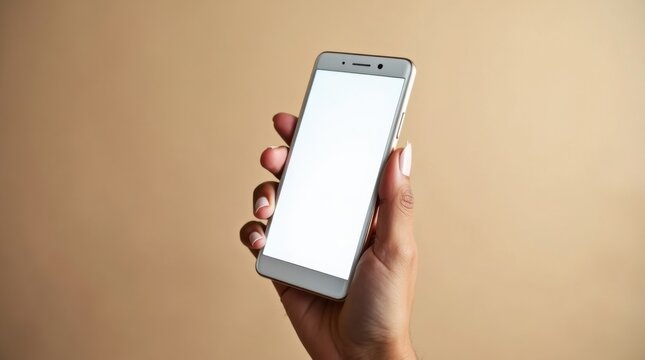 Mano sosteniendo un tel&eacute;fono inteligente con la pantalla de una aplicaci&oacute;n en blanco, fondo neutro, concepto de negocio m&oacute;vil