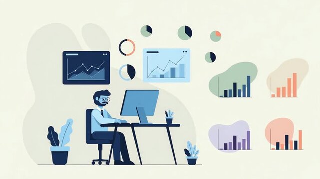 Man analyzing data on a computer surrounded by business charts and graphs. Digital workflow and financial analytics. Modern flat design illustration of professional work
