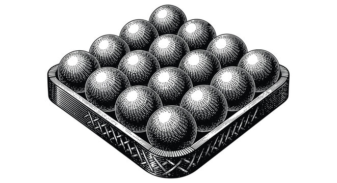A vintage style illustration depicts a full rack of billiard balls in a wooden tray