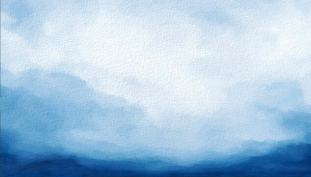 Cloudy sky painting in blue turquoise and white tones. Sky filled with clouds, painting done in watercolor, abstract light blue textured watercolor background for web banner template page design