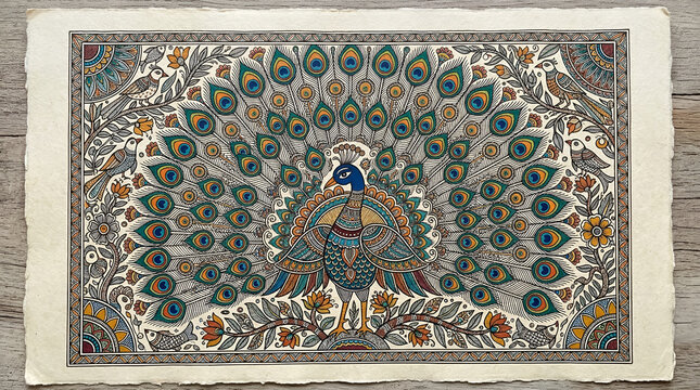 Another detailed Madhubani painting depicts a peacock displaying its elaborate plumage surrounded by floral elements.