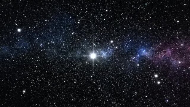 Bright star shines intensely amid a vast starry night sky with cosmic dust clouds