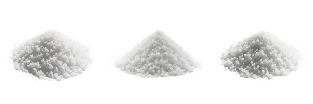 Salt Sodium chloride Small Pile of White Coarse Grain Crystals Isolated on White Background, Three Heaps of Sea Salt or Sugar for Culinary Cooking Seasoning and Food Industry Design