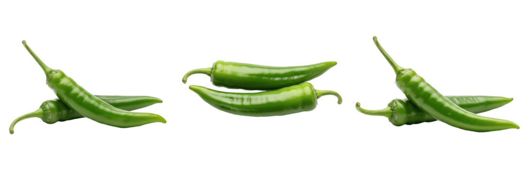 Green Chili Pepper Capsicum annuum Fresh Spicy Hot Peppers Set Isolated on White Background, Three Pairs of Ripe Green Chilies in Different Poses for Spicy Food and Culinary Design