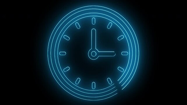 Glowing blue neon clock face with hour and minute hands on a black background with white space below.