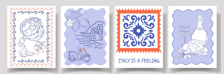 Obraz premium Vintage Hand drawn Italian posters set with stamp frames scooter travel, sardines, olive, tile, artichoke, oil, basil . Amalfi lemon beach vacation bg. Mediterranean coastal frame of Italy