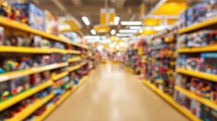 Fototapeta premium Bright Yellow and Red Banner Promotes Toys in a Store With Colorful Shelves and Empty Space for Announcements During Sales and Events