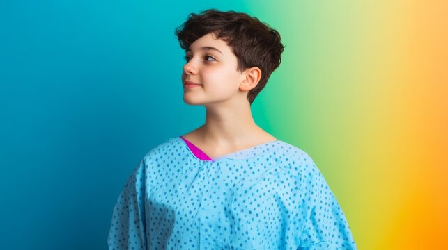 Bright-eyed young patient in blue hospital gown, looking up and right in a half-body shot, against a vibrant blue-green-orange gradient, symbolizing hope, recovery and individuality.
