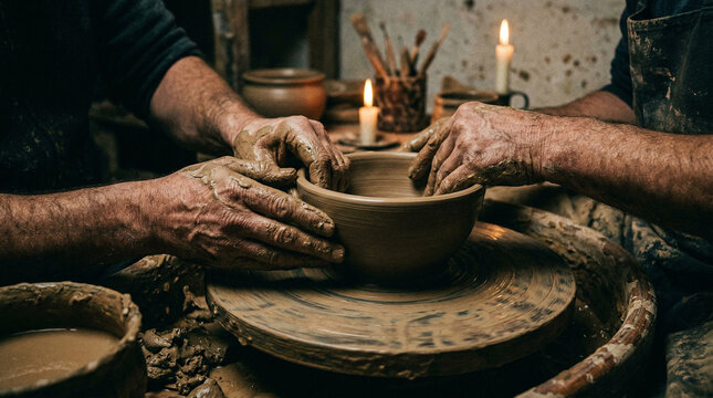 Potter Shaping Clay Bowl on Wheel by Candlelight