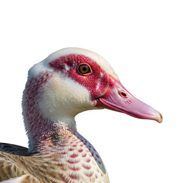 Detailed profile portrait of a Muscovy duck, showcasing its distinctive red caruncles and unique features