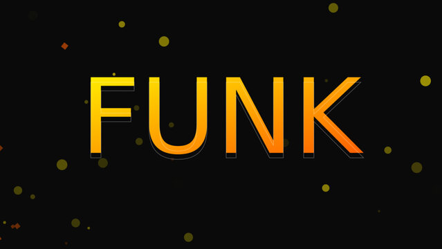 Funk music typography with orange gradient text, retro disco style lettering on black background, glowing particles and bokeh effect vector