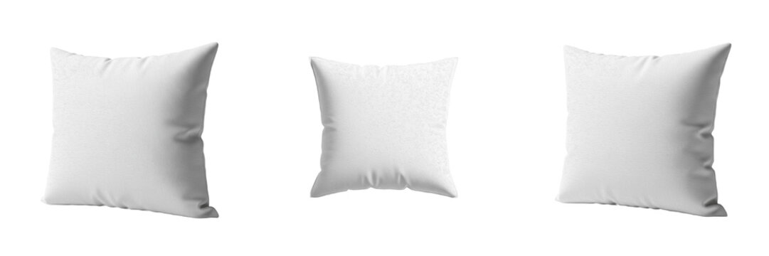 White Pillow Cushion Professional Set of Square White Throw Pillows Shown in Three Different Perspective Angles Isolated on Plain White Background for Home Decor and Commercial Assets