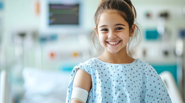 Close-up portrait of a cheerful girl in a blue hospital gown, bandaged arm, smiling brightly. Portraying child's hope and resilience during medical recovery., Wellbeing, Child