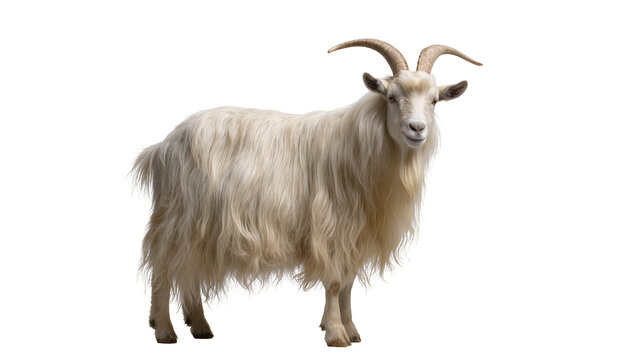 Isolated majestic white goat with long shaggy fur and impressive horns standing confidently.