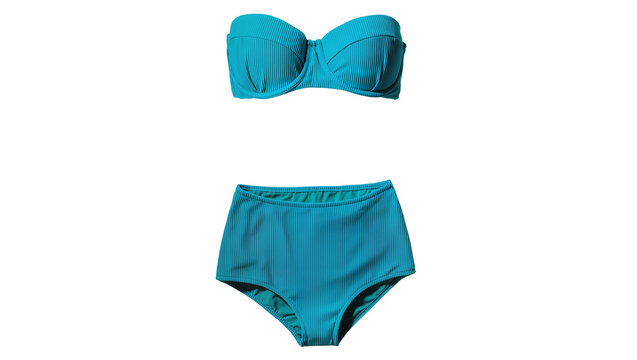 Isolated elegant teal ribbed two-piece swimsuit set with strapless top and high-waist brief