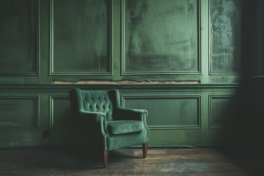 Nostalgia and declining fortunes An empty green armchair sits in a room with green walls representing economic downturn loss of wealth or abandonment.