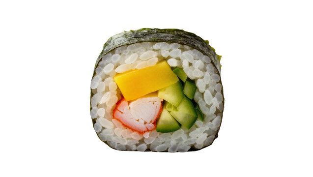 Isolated delicious fresh Japanese maki sushi roll with rice, nori, crab stick, mango, and cucumber