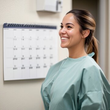 Joyful patient in clinic gown, with a radiant smile, anticipates a positive future while a calendar marks important dates. Healthcare, wellness