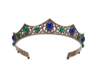 Isolated elegant antique silver crown or tiara with ornate filigree and colorful gemstones © Cian