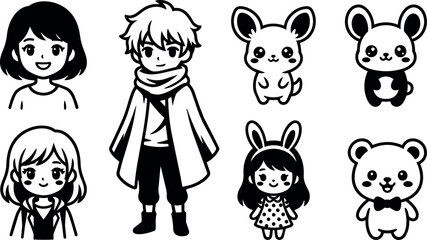 Obraz premium Black and white vector art collection of kids and cute animals with bunny ears and bow tie