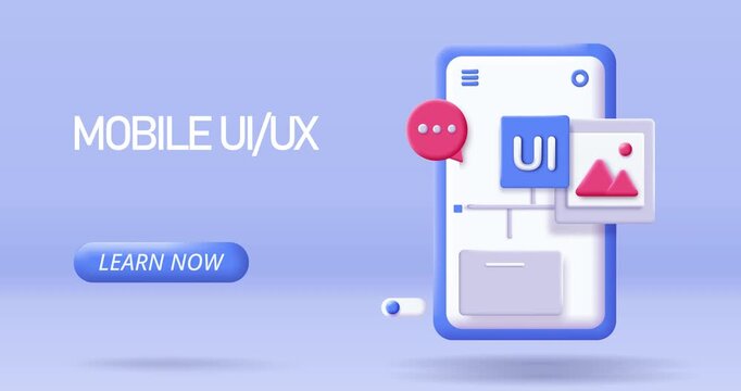 3D Mobile UI and UX Design. Moving banner with smartphone and mobile app icons. User interface and experience. Plasticine style human made animated cartoon