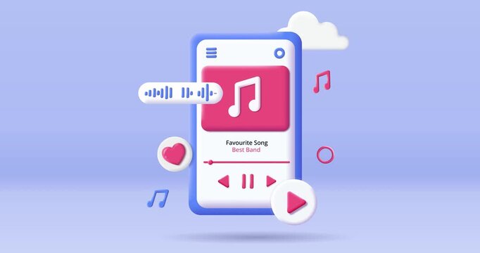 3D music player. Moving banner with digital device for playing and listening to music, favorite songs and audio files. Plasticine style human made animated cartoon