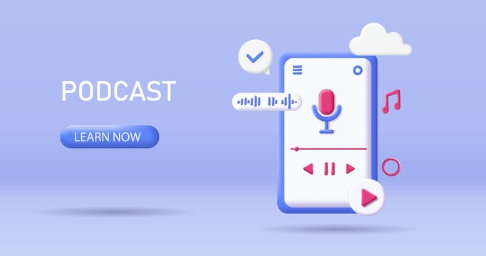 Podcast landing page. Moving 3D banner with app for listening to audio content, music, favorite songs, and playlist. Plasticine style human made animated cartoon