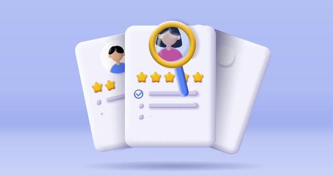 3D resume. Icon with curriculum vitae of job candidates, employee ratings. Headhunting, hiring and recruiting. Plasticine style human made animated cartoon