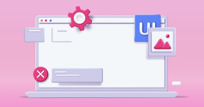 3D UI and UX Design. Moving banner with tools for developing website user interface based on user experience. Plasticine style human made animated cartoon