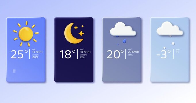 3D weather app concept. Collection of moving user interfaces with rain, sun, night and snow. Meteorological forecast. Plasticine style human made animated cartoon