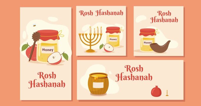 Rosh Hashanah flyer set. Moving banners with honey, apples and candles. Traditional jewish holiday, religion and culture. Flat graphic human made animated cartoon