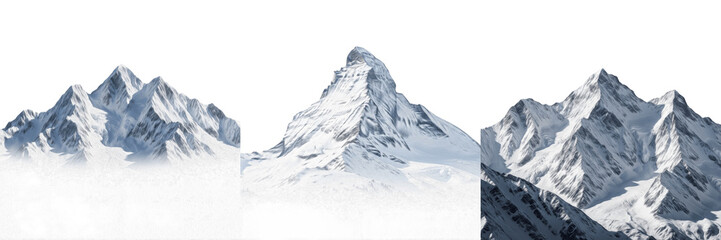 Snowy Mountain Peak Isolated on White Background, Set of Three Majestic Alpine Summit Perspectives Above the Clouds, Winter Nature Landscape and High Altitude Climbing Stock Image © Teeli