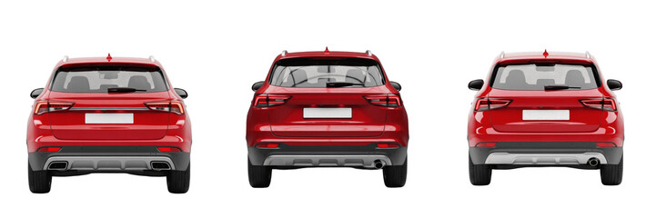 Modern Red SUV Car Isolated on White Background, Set of Three Luxury Crossover Vehicle Rear View Perspectives, Automobile Tail Lights and Bumper Detail, Transportation Stock Image © Teeli