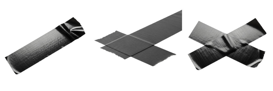 Black Duct Tape Strips Isolated on White Background, Set of Three Adhesive Tape Pieces and Crossed Swatches, Industrial Repair and Strong Waterproof Bonding Material Accessory