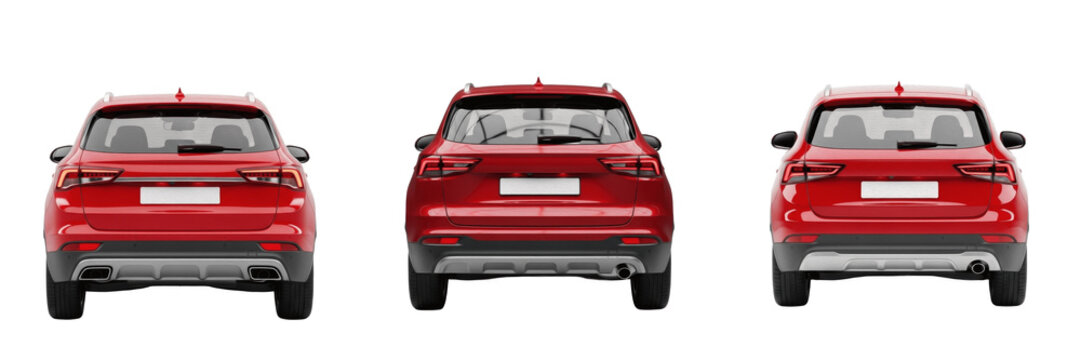 Modern Red SUV Car Isolated on White Background, Set of Three Luxury Crossover Vehicle Rear View Perspectives, Automobile Tail Lights and Bumper Detail, Transportation Stock Image