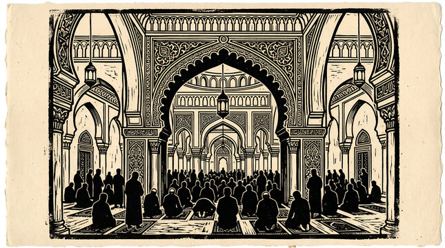 A woodcut illustration shows a congregation praying inside an ornate mosque.