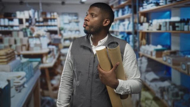 Man holding rolled blueprints and wearing vest, purses lips while looking right in studio aisle filled with supplies; contemplative planning.