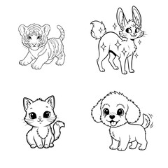 Obraz premium Cute vector illustration of a tiger cub, bunny, kitten, and puppy for animal lovers and children